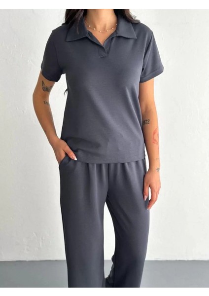 Osy Modal Yumuşak Dokulu Kumaş Kısa Kollu Yakalı T-Shirt Pantalon Ikili Takım- Antrasit