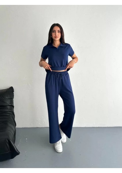 Osy Modal Yumuşak Dokulu Kumaş Kısa Kollu Yakalı T-Shirt Pantalon Ikili Takım- Lacivert
