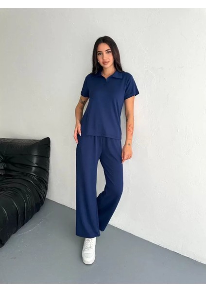 Osy Modal Yumuşak Dokulu Kumaş Kısa Kollu Yakalı T-Shirt Pantalon Ikili Takım- Lacivert