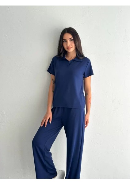 Osy Modal Yumuşak Dokulu Kumaş Kısa Kollu Yakalı T-Shirt Pantalon Ikili Takım- Lacivert