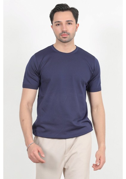 Erkek Bisiklet Yaka Kısa Kol Basic Triko T-Shirt Lacivert - 2501