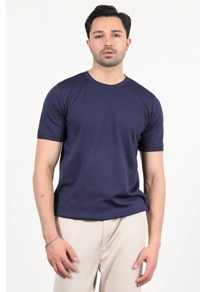 Erkek Bisiklet Yaka Kısa Kol Basic Triko T-Shirt Lacivert - 2501 modelleri