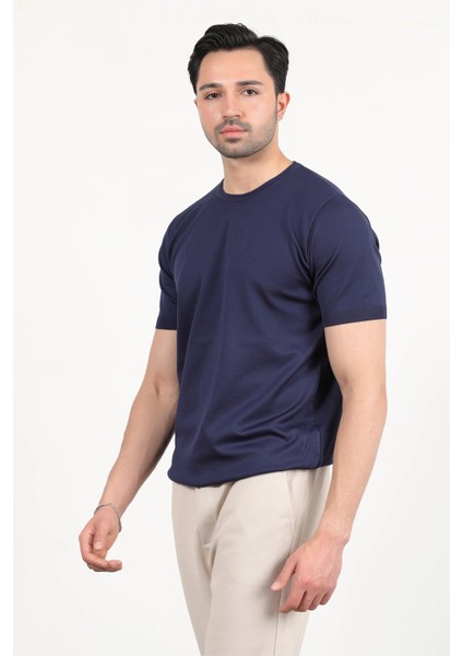Erkek Bisiklet Yaka Kısa Kol Basic Triko T-Shirt Lacivert - 2501 fırsatları