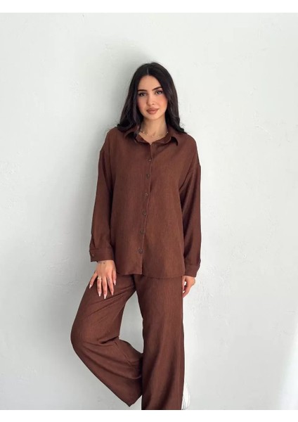 Gömlek Pantolon Ikili Takım - Kahverengi