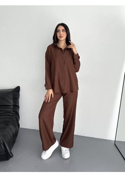 Gömlek Pantolon Ikili Takım - Kahverengi