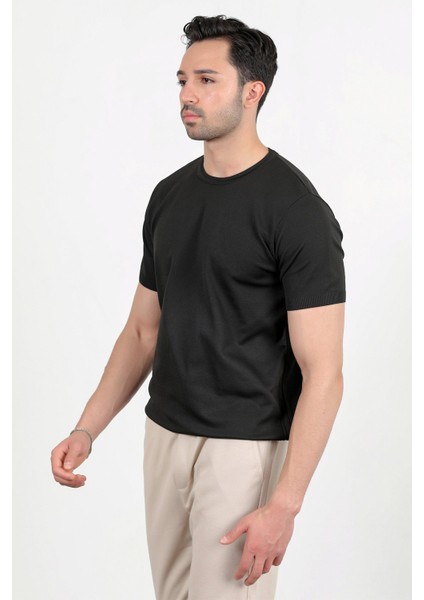 Erkek Bisiklet Yaka Kısa Kol Basic Triko T-Shirt Siyah - 2501 fırsatları