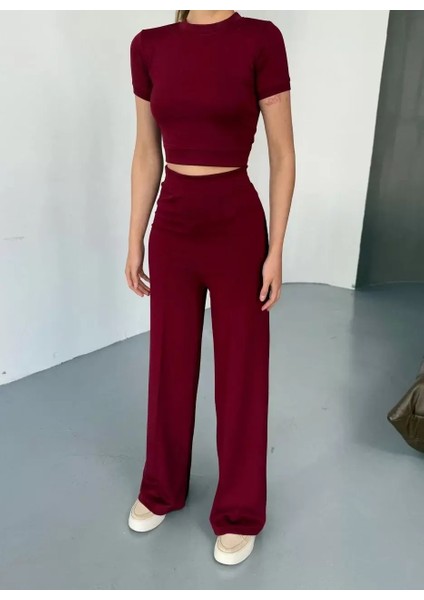 Osy Modal Yumuşak Dokulu Kumaş Kısa Kollu Crop Rahat Pantalon Ikili Takım - Bordo