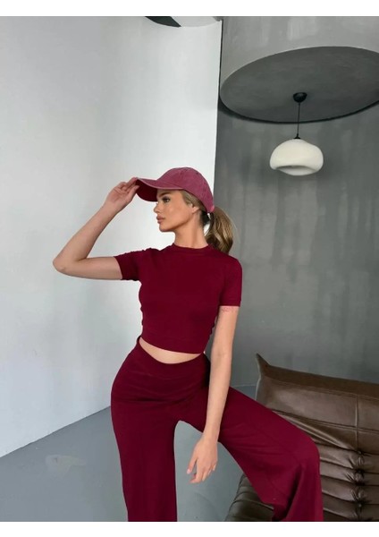 Osy Modal Yumuşak Dokulu Kumaş Kısa Kollu Crop Rahat Pantalon Ikili Takım - Bordo