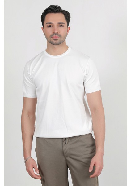 Erkek Bisiklet Yaka Kısa Kol Basic Triko T-Shirt Beyaz - 2501