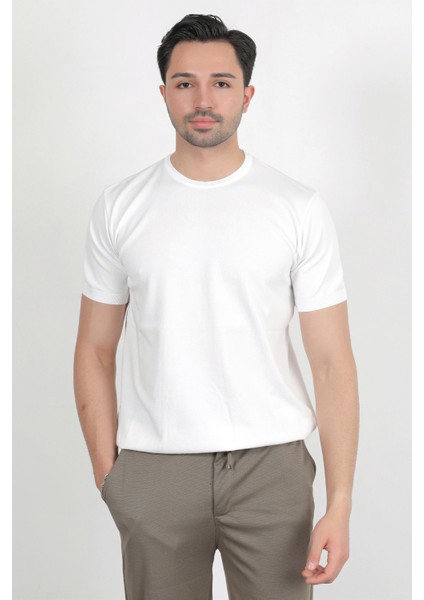 Erkek Bisiklet Yaka Kısa Kol Basic Triko T-Shirt Beyaz - 2501 modelleri