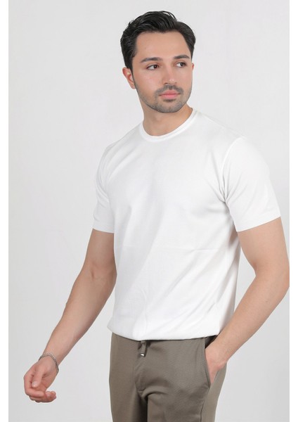Erkek Bisiklet Yaka Kısa Kol Basic Triko T-Shirt Beyaz - 2501 indirimleri