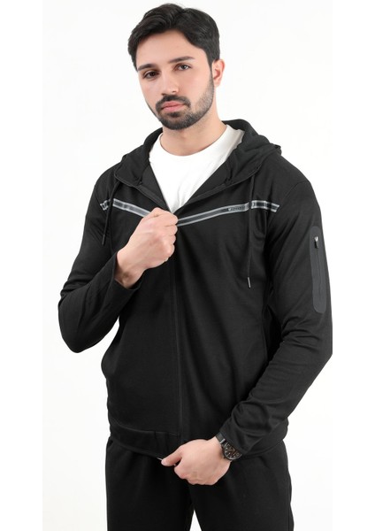 Erkek Fermuarlı Kapüşonlu Slim Fit Sweatshirt Siyah - 24K 078