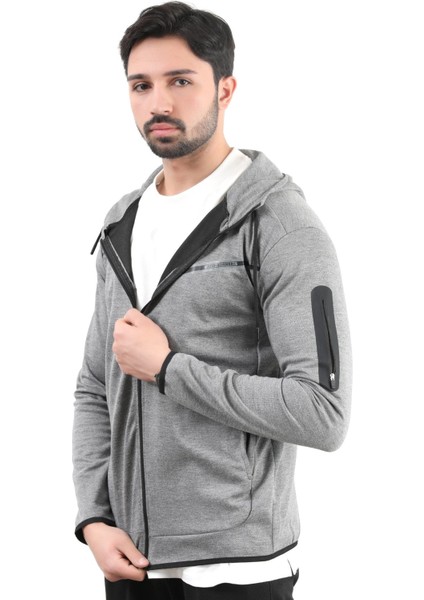 Erkek Fermuarlı Kapüşonlu Slim Fit Sweatshirt Füme - 24K 078