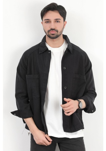 Erkek Düğme Kapamalı Çift Cepli Gömlek Siyah - 2704