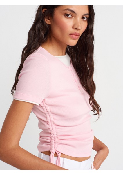 31816 Çift Katlı Büzgülü T-Shirt-Toz Pembe