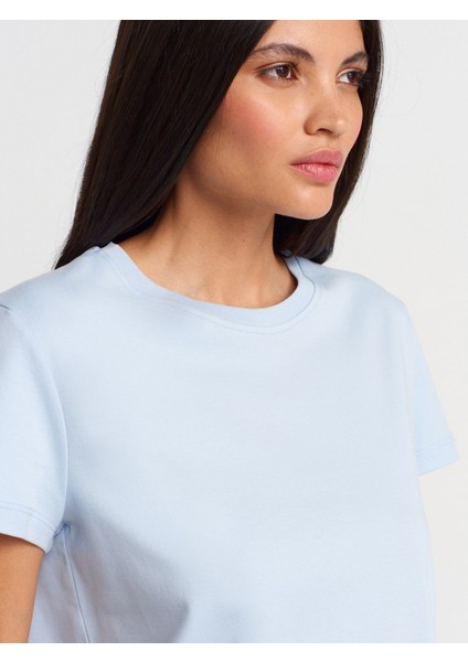 31757 Bisiklet Yaka Dikiş Detaylı T-Shirt-Açık Mavi modelleri