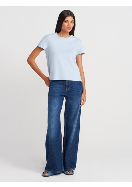 31757 Bisiklet Yaka Dikiş Detaylı T-Shirt-Açık Mavi fırsatları