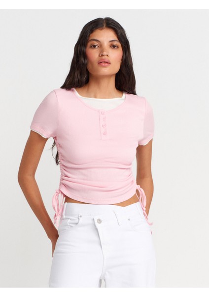 31816 Çift Katlı Büzgülü T-Shirt-Toz Pembe modelleri