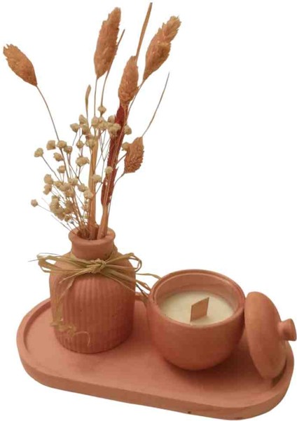 Dekoratif 3'lü Set Oval Tepsi , Çizgili Vazo, Kokulu Soya Wax Mum / Mum Seti / Mini Kuru Çiçek Vazosu