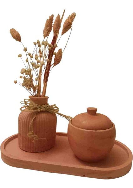 Dekoratif 3'lü Set Oval Tepsi , Çizgili Vazo, Kokulu Soya Wax Mum / Mum Seti / Mini Kuru Çiçek Vazosu