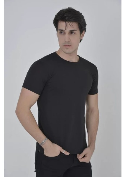 Erkek Yandan Fermuarli Slim Fit T-Shirt - Siyah