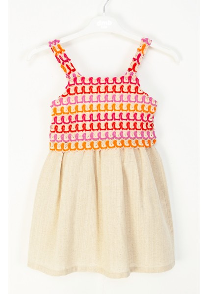 Askılı Etnik Desenli Renkli Nakışlı Eteği Keten Dokulu Kız Çocuk Elbise