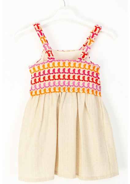 Askılı Etnik Desenli Renkli Nakışlı Eteği Keten Dokulu Kız Çocuk Elbise fiyatları