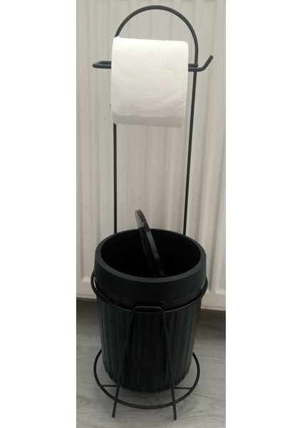 Lüks Sıyah Banyo Mutfak Çöp Kovası Metal Standlı Tuvalet Wc Kağıtlık Seti