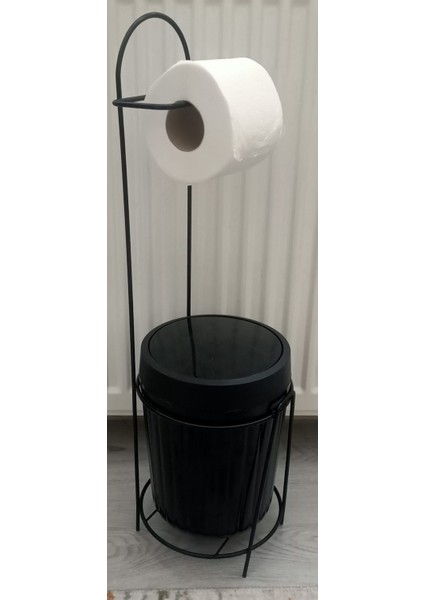Lüks Sıyah Banyo Mutfak Çöp Kovası Metal Standlı Tuvalet Wc Kağıtlık Seti
