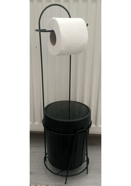 Lüks Sıyah Banyo Mutfak Çöp Kovası Metal Standlı Tuvalet Wc Kağıtlık Seti
