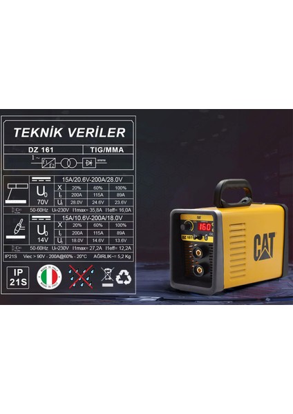 Cat DZ161 160 Amper Tıg Lıft/mma Çanta Tipi Profesyonel Dijital Inverter Kaynak Makinesi