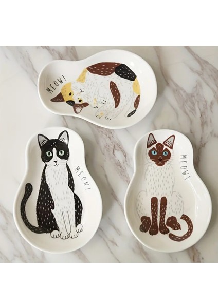 3 Adet Kedi Şeklinde Tabak Seramik Sevimli Yavru Kedi Sos Kabı