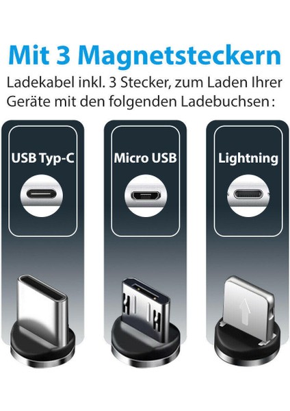 3'ü 1 Arada Şarj Seti Manyetik Tak Çıkar Apple iPhone Ipod iPad Samsung Modelleri Lightning Usb-C Için Şarj Kablosu Siyah 2.4A 100CM indirimleri