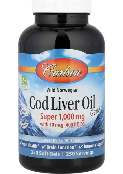 Wild Norwegian Cod Liver Oil Gems 1000 mg 250 Soft Gels