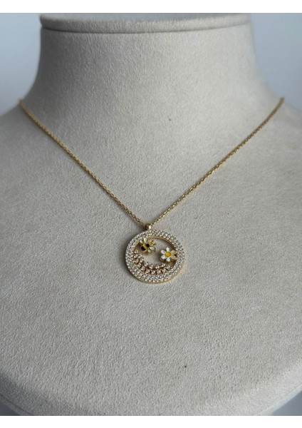 14K Altın Kaplama Papatya Arı Motifli Garantili Gold Gümüş Kolye