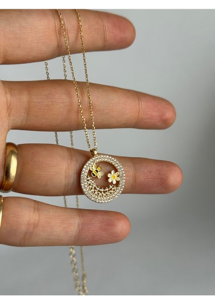 14K Altın Kaplama Papatya Arı Motifli Garantili Gold Gümüş Kolye