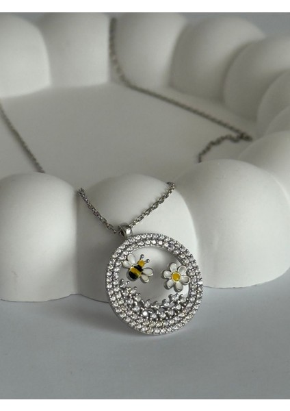 Papatya Arı Motifli Garantili Gümüş Kolye
