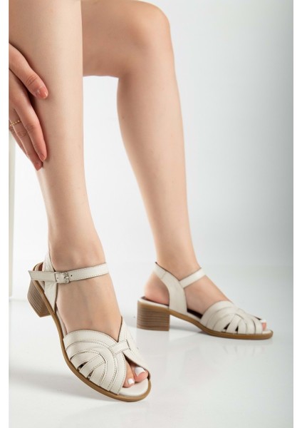 Kadın Deri Bilekten Bağlı Sandalet - Krem