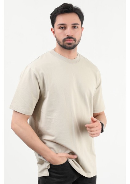 Erkek Bisiklet Yaka Pamuklu T-Shirt Taş - 2610