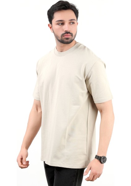 Erkek Bisiklet Yaka Pamuklu T-Shirt Taş - 2610 modelleri