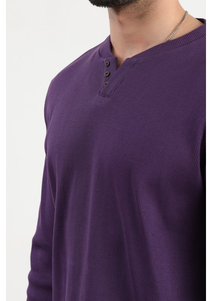 Erkek V Yaka Düğme Detaylı Dokulu Sweatshirt Mor - 5524 fiyatları