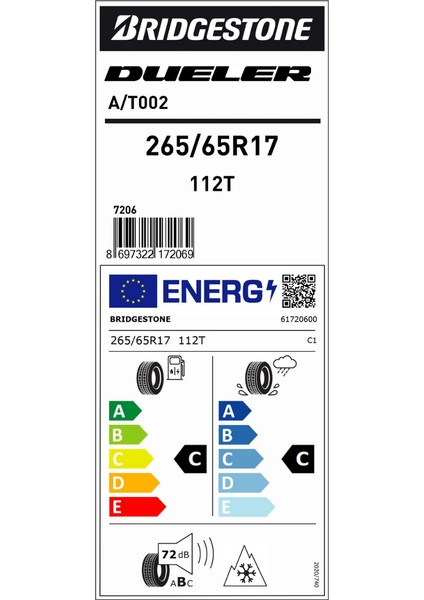 265/65 R17 112T Dueler A/T002 Yaz Lastiği (Üretim YILI:2025)