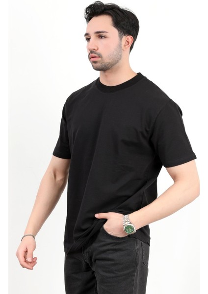 Erkek Bisiklet Yaka Pamuklu T-Shirt Siyah - 2610