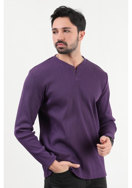 Erkek V Yaka Düğme Detaylı Dokulu Sweatshirt Mor - 5524 modelleri