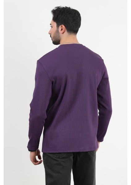 Erkek V Yaka Düğme Detaylı Dokulu Sweatshirt Mor - 5524 fırsatları
