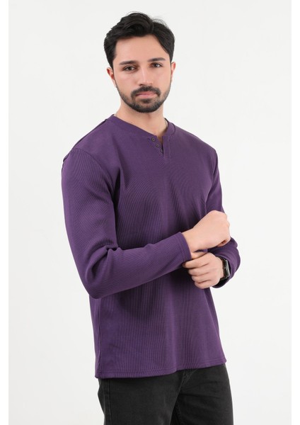 Erkek V Yaka Düğme Detaylı Dokulu Sweatshirt Mor - 5524 indirimleri