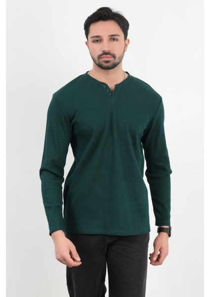 Erkek V Yaka Düğme Detaylı Dokulu Sweatshirt Koyu Yeşil - 5524