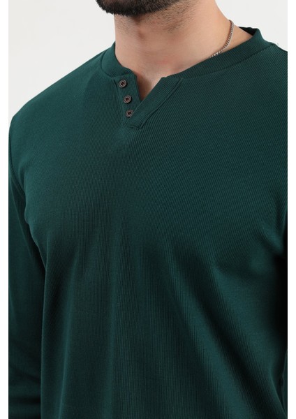 Erkek V Yaka Düğme Detaylı Dokulu Sweatshirt Koyu Yeşil - 5524 fiyatları