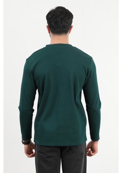 Erkek V Yaka Düğme Detaylı Dokulu Sweatshirt Koyu Yeşil - 5524 fırsatları