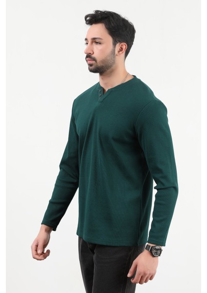 Erkek V Yaka Düğme Detaylı Dokulu Sweatshirt Koyu Yeşil - 5524 indirimleri